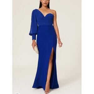 Elle Zeitoune Blue One Shoulder Structured Gown LARGE Formal Slit Designer $410